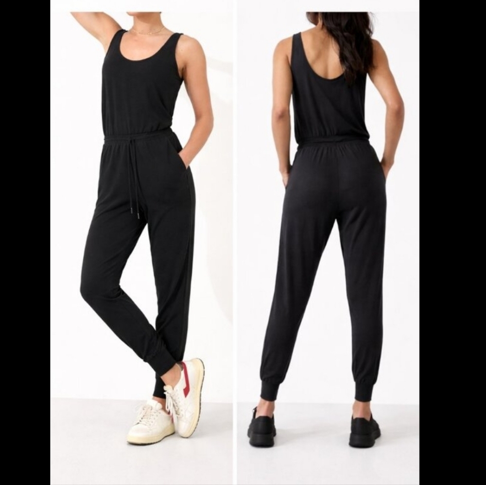 Athleta Balance Casual Drawstring Waist French Terry Jumpsuit in Black Small